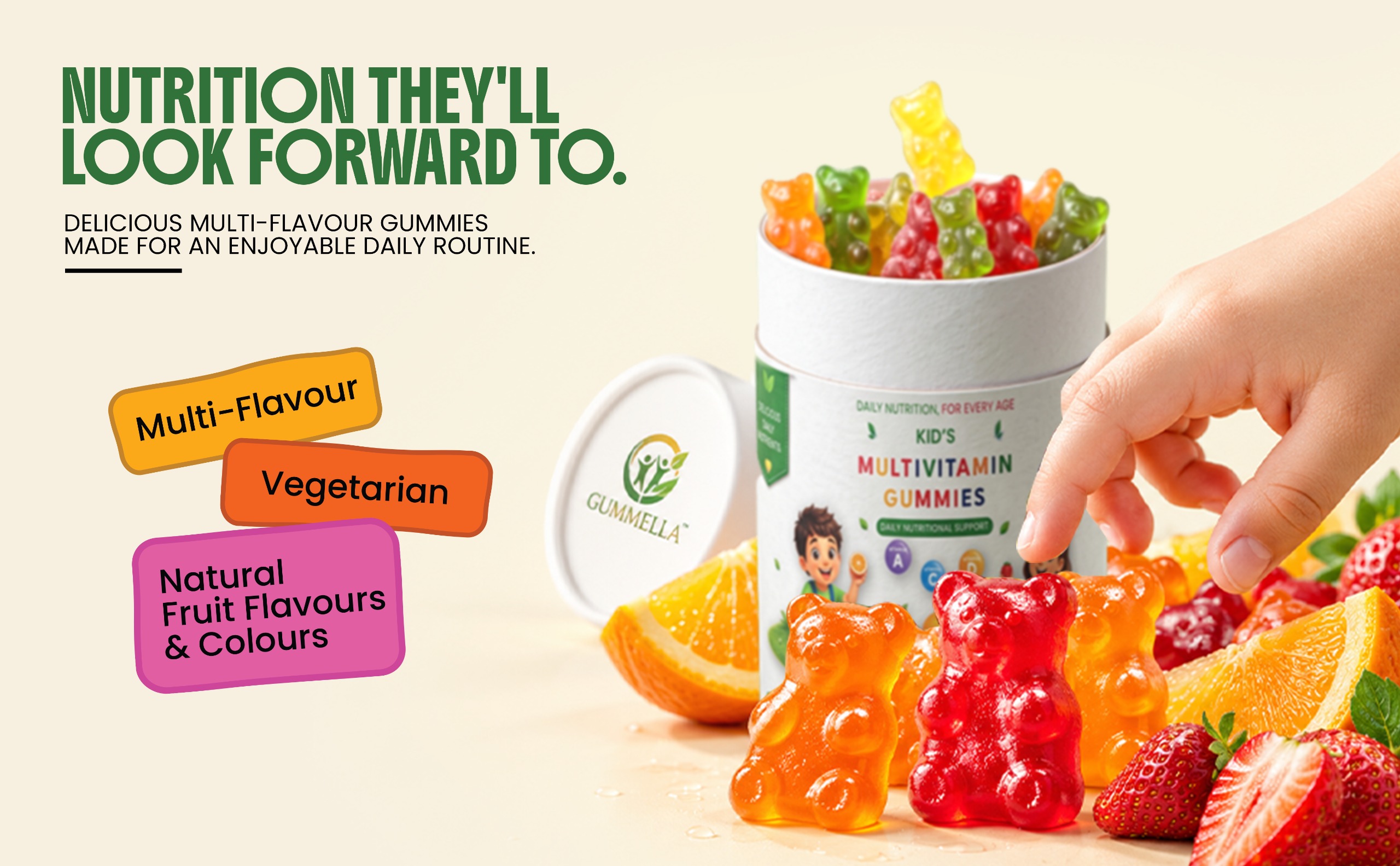 Colourful Gummella bear-shaped gummies with oranges and strawberries