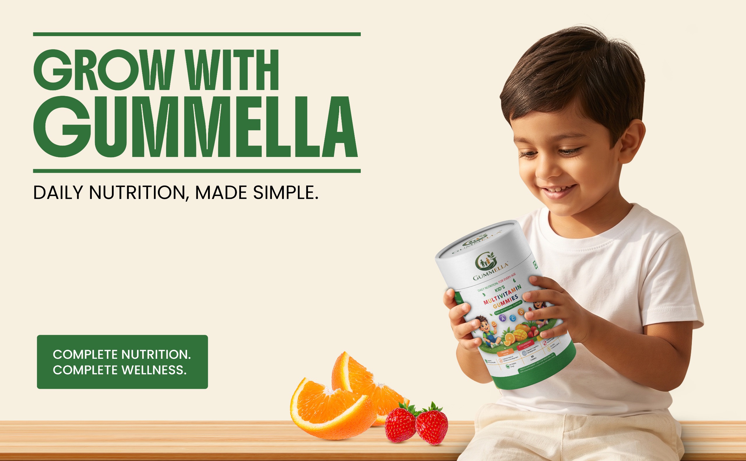 A smiling child holding a jar of Gummella gummies