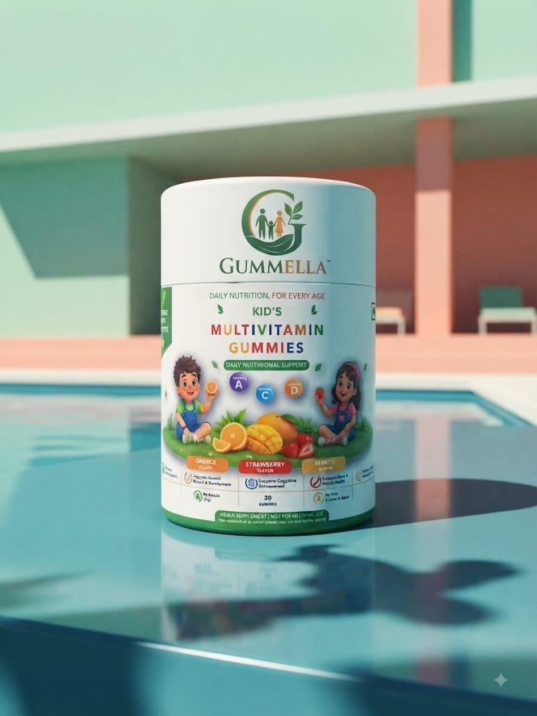 Gummella kids’ multivitamin gummies in a white cylindrical pack against a sunny mint and peach background